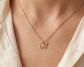 Filigree Butterfly Charm Necklace: Sterling Silver, Gold Filled, Rose Gold Minimalist Nature Charm Jewelry Gift