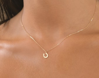 Puede incluir: Un collar de cadena de oro con un pequeño colgante de herradura.