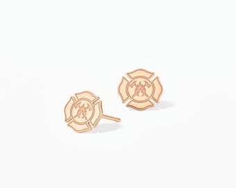 Oorbellen met brandweerbadge: massief 10K goud, 14K goud, sterling zilver, cadeau voor heldhaftige hulpverleners