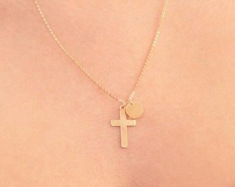 Gold Cross Necklace, Personalized Cross Necklace, 14K Gold Filled, Dainty Necklace, Mother's Necklace, Initial Disc