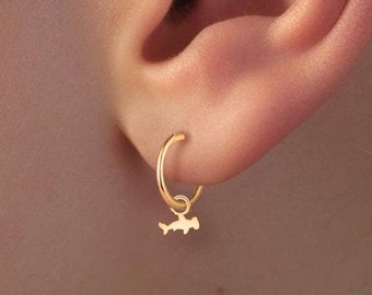 Hammerhead Shark Charm on Small Hoop Earrings - created in Gold, Silver, 14k Solid Gold | Handcrafted Nature Earrings