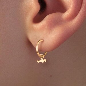 May include: Gold hoop earrings with a small hammerhead shark charm dangling from one earring.