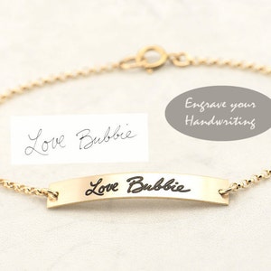 Gold Bar Bracelet, Handwritten Bar Bracelet, Your Handwritting or Text, Personalized Bar Bracelet, Sterling Silver, Gold, Jewelry For Her