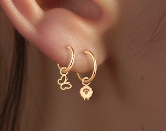 Sheep Charm Huggie Hoop Earrings - Gold Vermeil, Sterling Silver, Solid 14k Gold | Whimsical Farm Animal Jewelry
