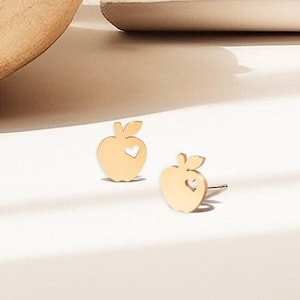 Pendientes de manzana con botón Pendientes minimalistas delicados Pendientes sencillos y bonitos Pendientes de manzana pequeños Regalos para profesores Joyas de manzana Pendientes minimalistas para ella