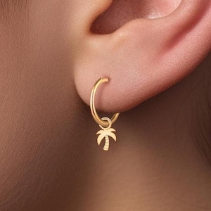 Palm Tree Huggie Hoops Charm, Handcrafted in Gold Vermeil, Silver, Solid 14k Gold | Handcrafted Nature Jewelry