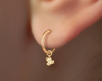 Frog Earrings, Frog Charm Hoop Earrings - Gold Vermeil, Sterling Silver, Solid 14k Gold | Handcrafted Nature Jewelry
