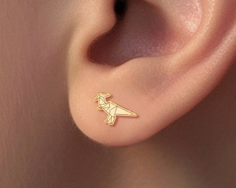 Origami Parasaurolophus Earring, Dainty Earring,Dinosaur Earrings Silver, Handmade Jewelry, Simple Gold Earring, Dinosaur Lover Earring