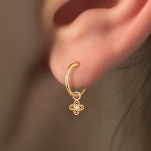 Huggie Hoop Earrings in Solid 14k Gold, Gold Vermeil, or Sterling Silver with Clover Flower Charm | Floral Jewelry Gift for Her