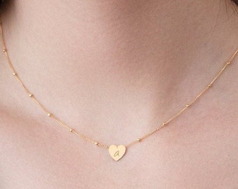 Gold Heart Necklace, Small Heart Necklace with Satellite Weld Chain, Personalized Heart, Gold or Silver Initial Curb Necklace, Personalized