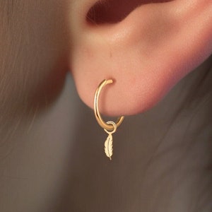 Huggie Hoop Earrings in Solid 14k Gold, Gold Vermeil, or Sterling Silver with Mini Feather Charm |  Handcrafted Boho Jewelry