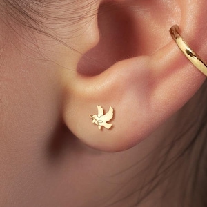 May include: A close-up of a person's ear with a gold dove stud earring and a gold hoop earring. The dove earring is in the lobe and the hoop earring is in the upper cartilage.