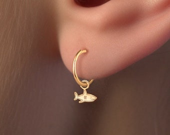 Shark Charm Huggie Hoop Earrings - handcrafted in Gold Vermeil, Sterling Silver or 14k Solid Gold, Oceanic Jewelry