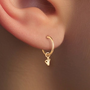 OK Hand Sign Charm Hoop Earrings | 14k Gold Vermeil, Sterling Silver, Solid 14k Gold, Dainty Hand Sign Jewelry