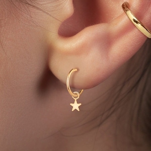 Mismatched Celestial Star and Moon Charm Huggie Hoop Earrings in Gold Vermeil, Sterling Silver, or Solid 14k Gold | Handcrafted Moon Jewelry