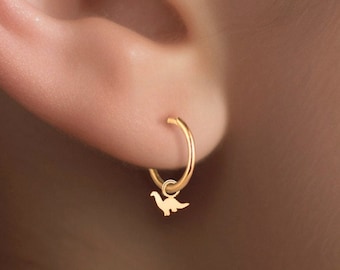 Handmade Brachiosaurus Charm Small Hoop Earrings - 14k Gold Filled, Sterling Silver, 14k Solid Gold
