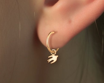 Swallow Bird Charm Huggie Hoop Earrings, Handcrafted in Gold Vermeil, Silver, Solid 14k Gold | Handcrafted Bird Jewelry