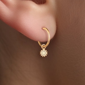 Sunflower Charm Huggie Hoop Earrings in Gold Vermeil, Sterling Silver, or Solid 14k Gold, Nature-Inspired Jewelry