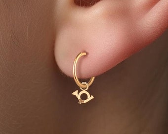 French Horn Charm Huggie Hoops, Handcrafted in Gold Vermeil, Silver, Solid 14k Gold | Handcrafted Animal Jewelry