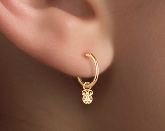 Huggie Hoop Earrings with Ladybug Charm, Handmade Jewelry, available in 14k Gold Filled, Sterling Silver or 14k Solid Gold