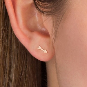 May include: A close-up of a person's ear with a small gold arrow earring. The earring is a simple design with a pointed tip and a straight line.
