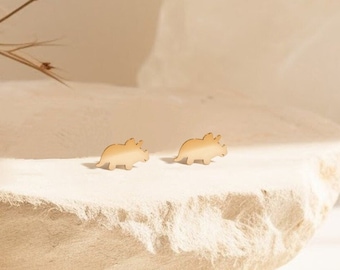 Kolczyki Triceratops, Kolczyki Dino, Delikatne Kolczyki, Złote Kolczyki Dinozaur, Biżuteria Ręcznie Robiona, Proste Złote Kolczyki