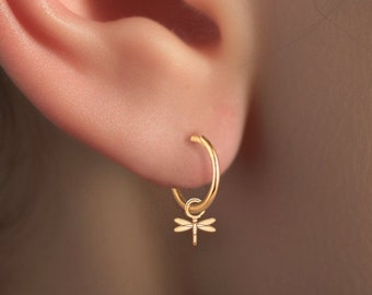 Mini DragonFly Charm on Small Hoop Earrings - created in Gold, Silver, 14k Solid Gold | Handcrafted Nature Inspired Jewelry