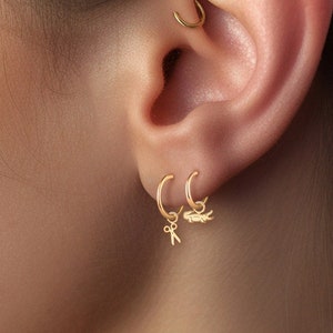 Può includere: Orecchini a cerchio dorati con un piccolo ciondolo dorato a forma di forbici che pende da un orecchino e un piccolo ciondolo dorato a forma di pesce che pende dall'altro orecchino.