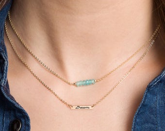 Tiny Bar Necklace & Gemstone Bar Layered Gift Set of 2, Gold, Silver, Rose Gold, Personalized Necklaces, Dainty Bar Necklace