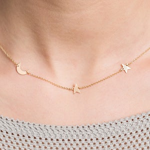 gold moon & stars necklace · crescent moon · delicate gold necklace · dainty gold gold necklace
