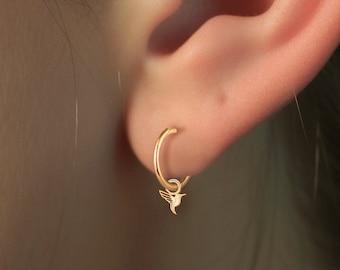 Huggie Hoop Earrings with Hummingbird Charm, Handmade Jewelry, available in 14k Gold Vermeil, Sterling Silver or 14k Solid Gold
