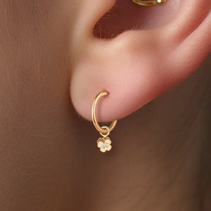 Pansy Flower Huggie Hoop Earrings in Solid 14k Gold, Gold Vermeil, or Sterling Silver with Flower Charm | Floral Jewelry Gift for Her