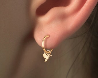 Little Hummingbird Hoop Earrings, Handmade Jewelry, available in 14k Gold Vermeil, Sterling Silver or 14k Solid Gold, Bird Earrings