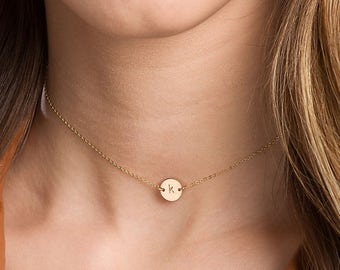 Gold Choker · Initial Necklace · Rose Gold Choker · Coin Disc in Sterling Silver, Rose Gold Filled