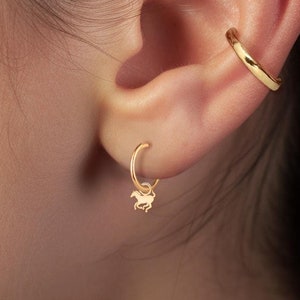 Horse Huggie Hoops Charm, Handcrafted in Gold Vermeil, Silver, Solid 14k Gold | Handcrafted Animal Jewelry