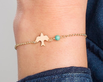 Dove Bird Bracelet & Gemstone · Gold, Silver, Rose Gold · Birthstone Bracelet · Dainty Bird Bracelet · Bridesmaid Gift