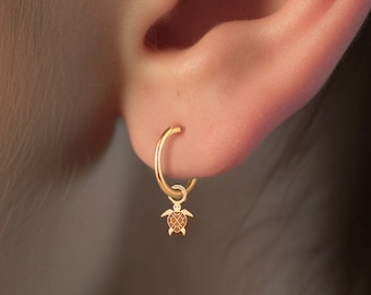 Ocean-Inspired Sea Turtle Charm Huggie Hoop Earrings - Gold, Silver, Solid Gold | Handmade