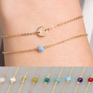 Tiny Initial Disc Bracelet & Gemstone Layered Gift Set of 2, Gold, Silver, Rose Gold, Personalized Bracelet, Initial Disc Bracelet image 1