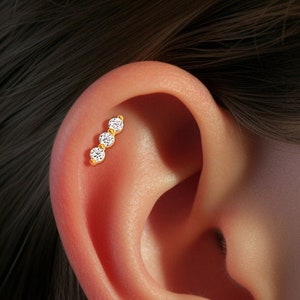 Triple CZ Flat Back Stud Earrings, Dainty Minimalist CZ Climber Studs, Simple Gold Earrings, Gift for Her, Unique Threader Earrings