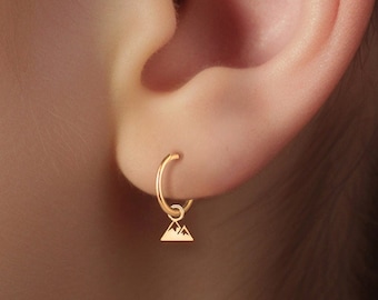 Mountain Charm Huggie Hoop Earrings handcrafted in 14k Gold Vermeil, Sterling Silver, Solid 14k Gold | Adventure Jewelry