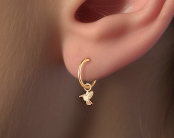 Hummingbird Charm Huggie Hoop Earrings, Handmade Jewelry, available in 14k Gold Vermeil, Sterling Silver or 14k Solid Gold, Bird Earrings