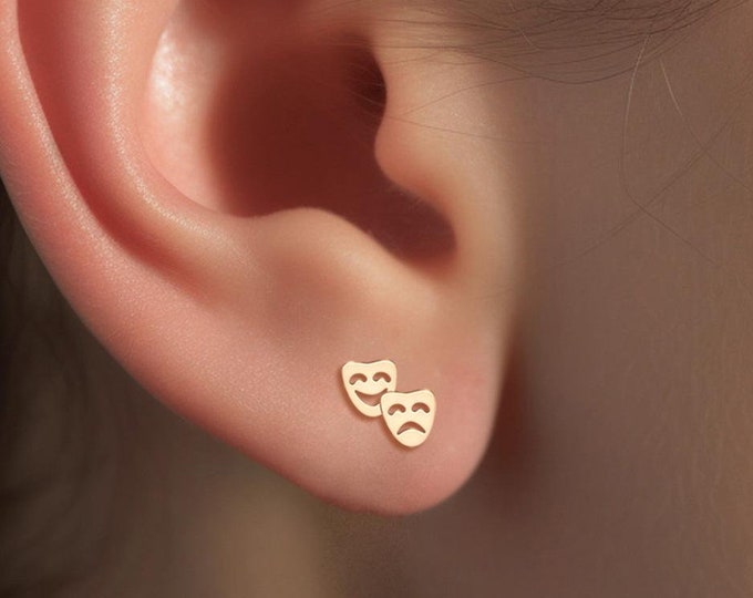 Theatre Happy Sad Drama Mask Earrings available in 14k Gold Fill, Sterling Silver, 14k Rose Gold Fill or 14K Solid Gold Earrings