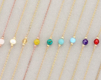 Dainty Layering Gemstone Necklace, Dainty Gold Necklace, Birthstone Necklace for Mom, Handmade Jewelry, Mom Necklace Birthstone,