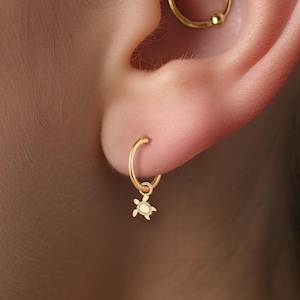 Sea Turtle Charm Huggie Hoop Earrings in Gold Vermeil, Sterling Silver, or Solid 14k Gold | Marine Life Jewelry | Handcrafted Earrings