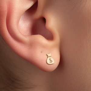 Orecchini a forma di sacco di soldi, orecchini con piccoli simboli del dollaro, orecchini occidentali, orecchini in oro, argento, oro rosa, gioielli fatti a mano, orecchini, oro, soldi