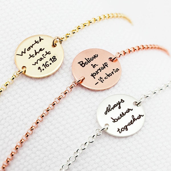 Personalized Disc Bracelet, Handwriting Engraved Bracelet - YOUR HANDWRITING - or Image, Sterling Silver, Gold or Rose Gold, Jewelry For Her