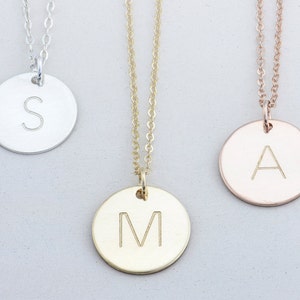 Gold Initial Disc Necklace, 14K Gold, Initial Charm, Personalized Necklace, Hand Stamped, Initial Disc, Mother's Necklace, Valentines Day