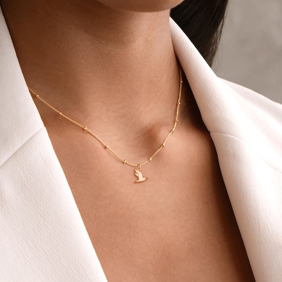 Seagull on a Beady Chain Necklace with Pendant handcrafted in 14k Gold Filled, Sterling Silver, or 14k Solid Gold, Bird Jewelry