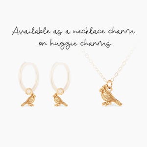 Gold cardinal charm pendant or huggie charm, bird motif, yellow metal, matte finish, nature lover gift, necklace chain option, bridesmaid or mom present, refined everyday style