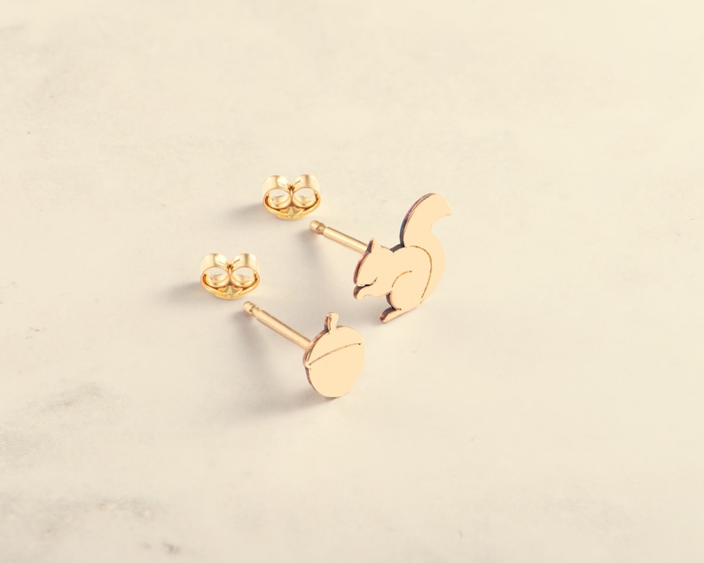 Squirrel and Acorn Earring, Dainty Earring, Mix and Match Gold Earring, Handmade Jewelry, Bridesmaid Gift,Mother's Day Gift,Graduation Gift. image 5